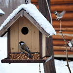 **Image Prompt:** A cozy winter scene. A traditional Russian *дача* (dacha) with a snow-covered bird feeder. Various birds (tits, nuthatches, sparrows, maybe a bullfinch) are feeding on sunflower seeds and grains. Some dried berries are visible. The feeder is handmade and looks rustic. Focus on warm, inviting lighting and a sense of idyllic winter tranquility.