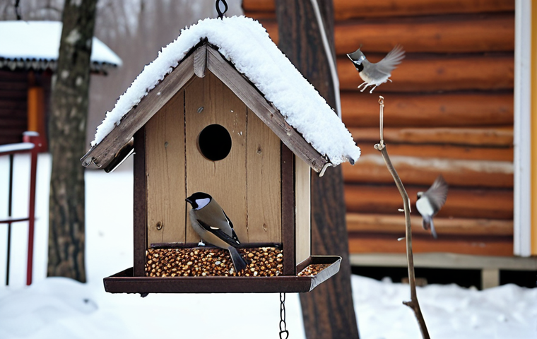 **Image Prompt:** A cozy winter scene. A traditional Russian *дача* (dacha) with a snow-covered bird feeder. Various birds (tits, nuthatches, sparrows, maybe a bullfinch) are feeding on sunflower seeds and grains. Some dried berries are visible. The feeder is handmade and looks rustic. Focus on warm, inviting lighting and a sense of idyllic winter tranquility.